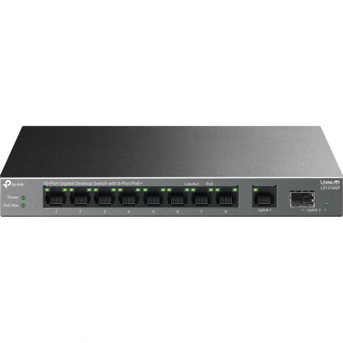 Настольный коммутатор TP-LINK с 9 гигабитными портами (8 портов PoE+) и портом SFP LS1210GP Настольный коммутатор TP-LINK с 9 гигабитными портами (8 портов PoE+) и портом SFP LS1210GP